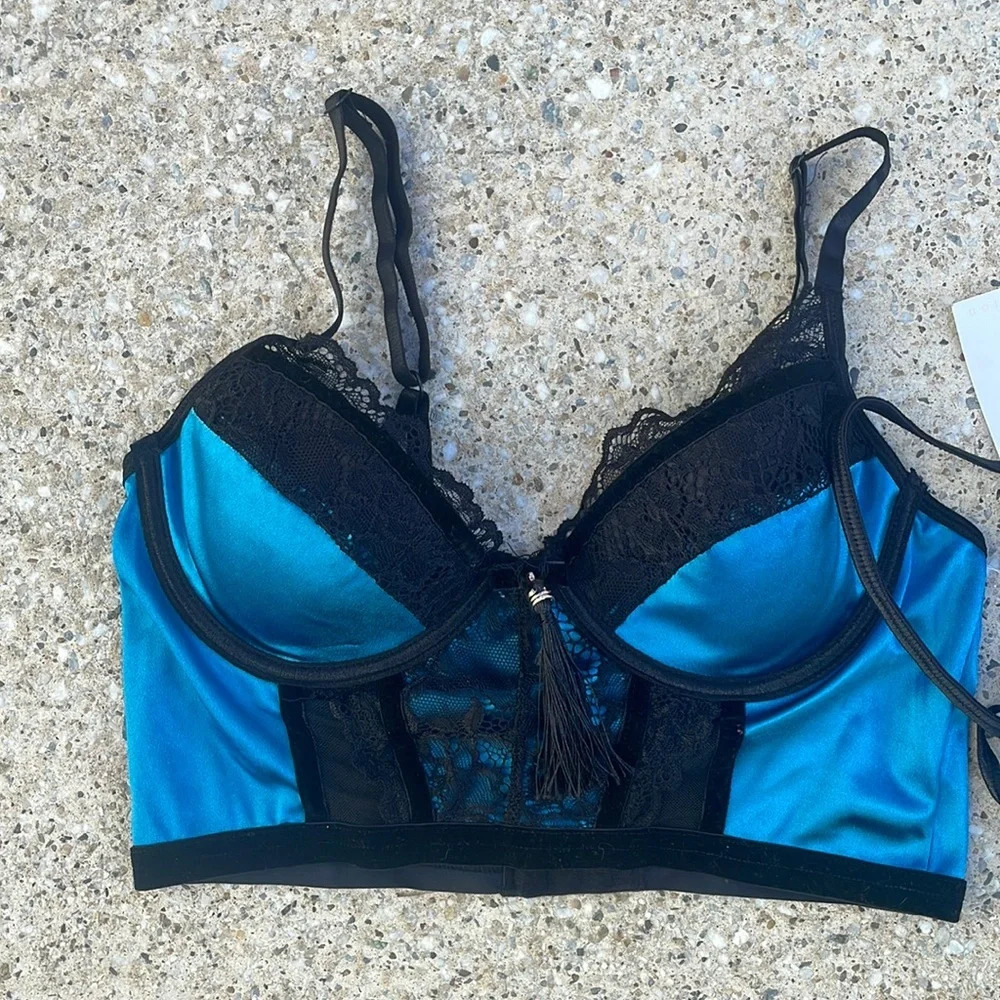 iCollection Lux Satin and Lace 2 piece Lingerie Set teal Blue‎ Black Small NWT